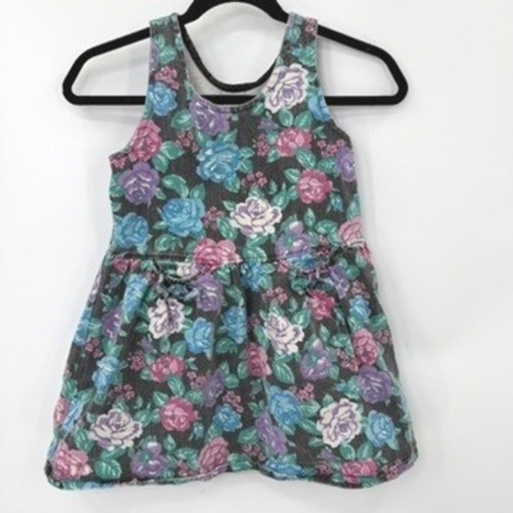 Vintage Sparkle Floral Denim Dress Kids 6X Grunge Cottagecore USA 90s Retro